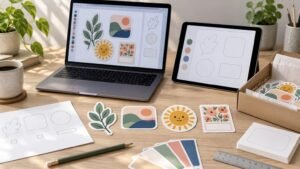 Laptop and tablet displaying colorful sticker designs beside printed sample stickers, a proof sheet, color swatches, ruler, pencil, and a box of sticker sheets on a sunlit desk.