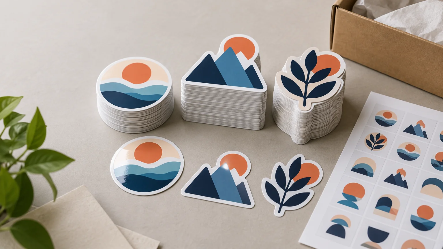 Editorial tabletop scene with tall stacks of round, mountain, and leaf-shaped vinyl stickers, matching loose stickers, a partially visible sticker sheet, and an open kraft shipping box.