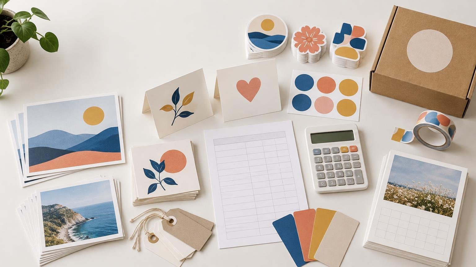 Overhead view of unbranded printed swag samples on a white desk, including art cards, photo prints, stickers, labels, gift tags, a kraft mailer box, a calendar, colored paper swatches, and a calculator.