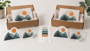Two open kraft boxes display matching mountain-and-sun decal sets, with loose stickers, clear backing sheets, and a small color swatch card arranged on a white table.