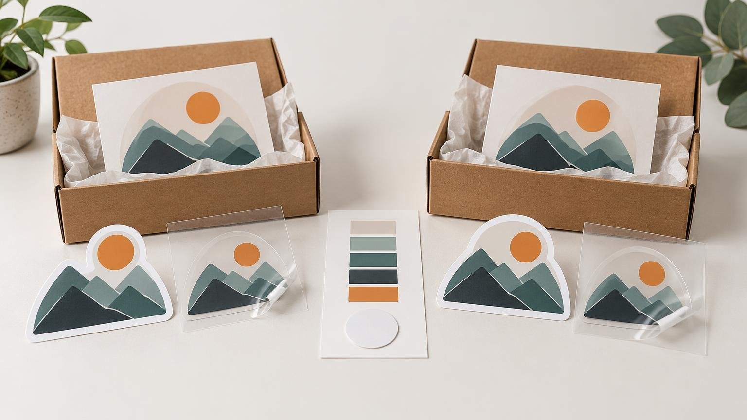 Two open kraft boxes display matching mountain-and-sun decal sets, with loose stickers, clear backing sheets, and a small color swatch card arranged on a white table.