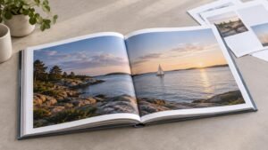 Open hardcover photo book on a tabletop, showing a sunset coastal landscape printed across both pages with the center gutter visible.