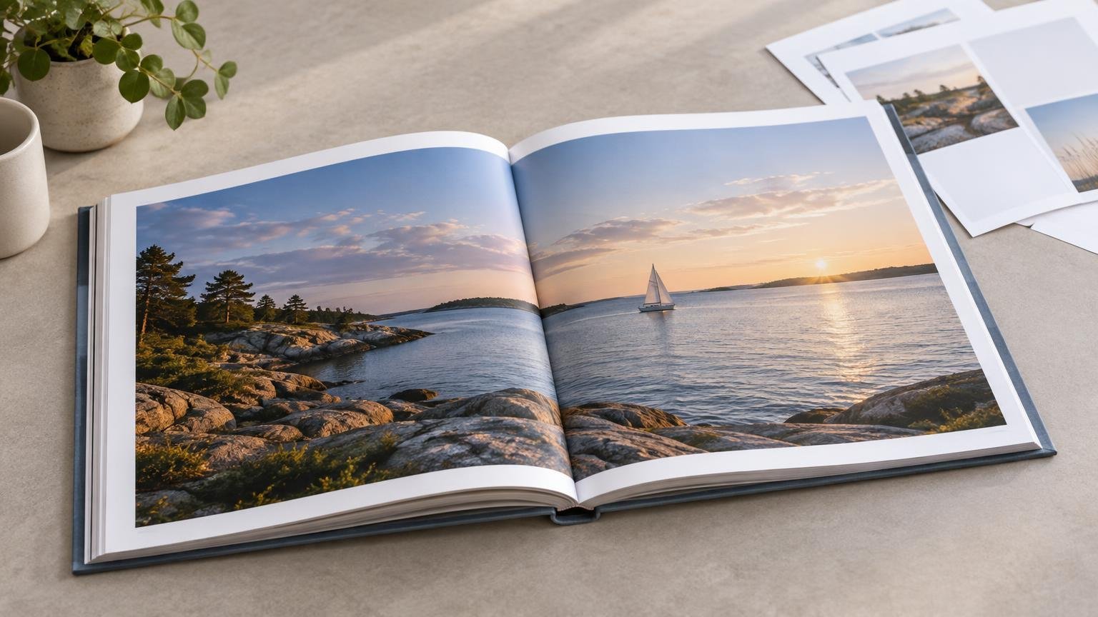 Open hardcover photo book on a tabletop, showing a sunset coastal landscape printed across both pages with the center gutter visible.
