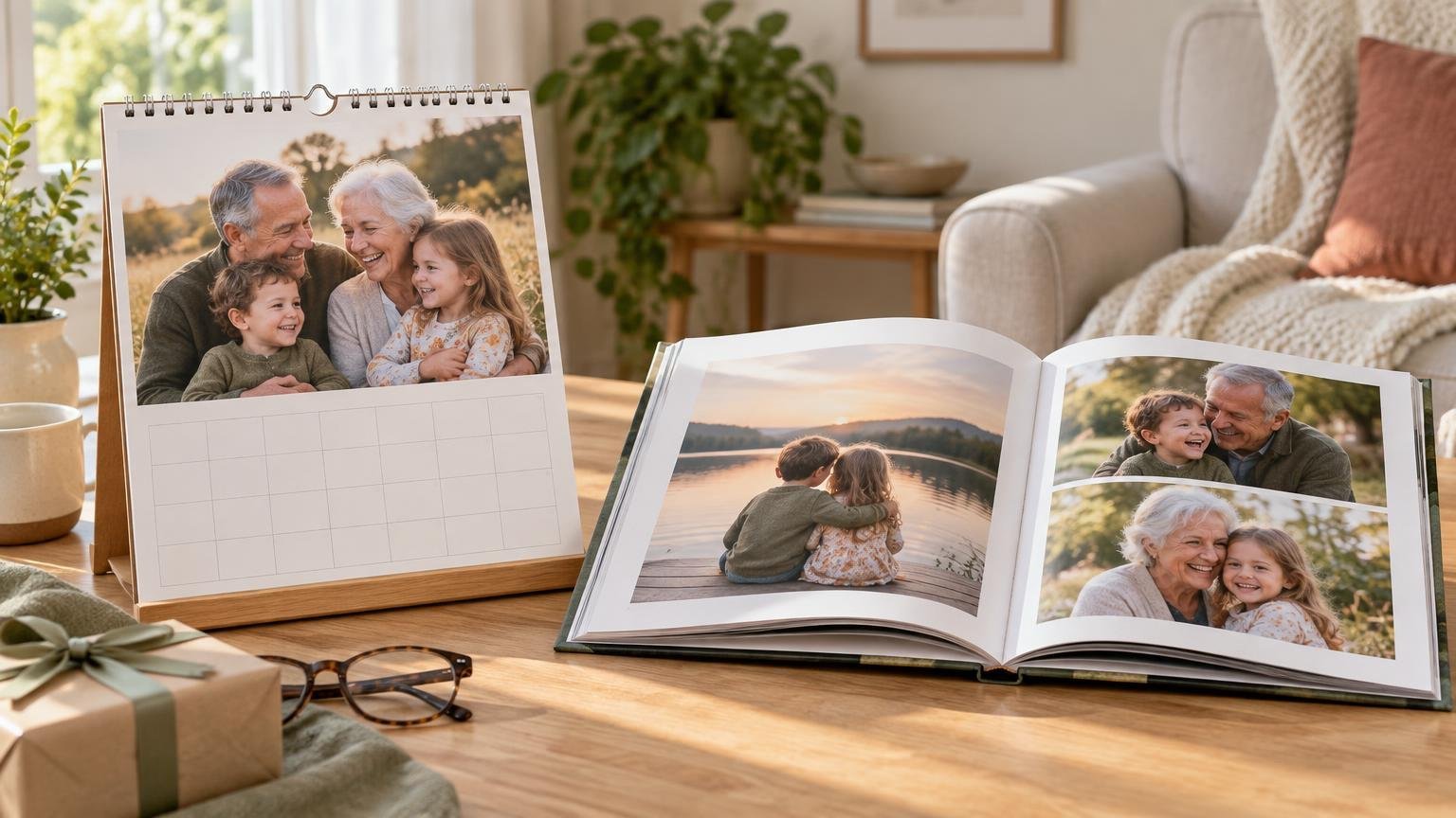 A tabletop photo calendar with a blank date grid stands beside an open photo book filled with warm family portraits in a sunlit living room.