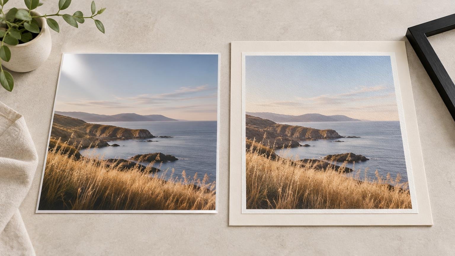 Overhead view of two coastal landscape art prints on a light stone surface: a glossy unframed print on the left and a textured, wide-matted print on the right, with a plant, fabric, and partial black frame nearby.