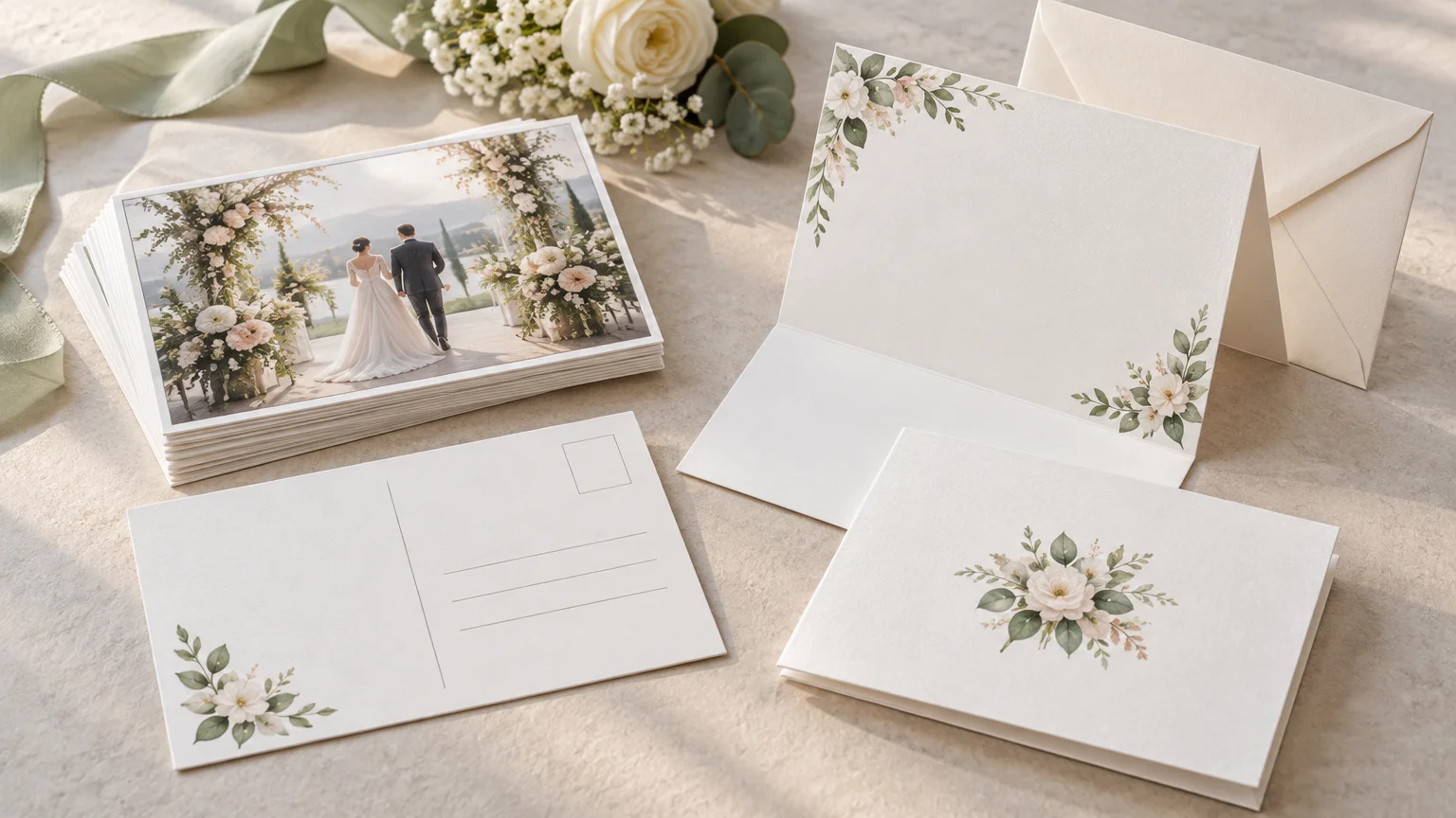 Wedding thank-you stationery arranged on a pale stone surface: a stack of floral photo postcards, a blank addressed postcard, and an open folded card with matching floral accents beside a cream envelope and flowers.