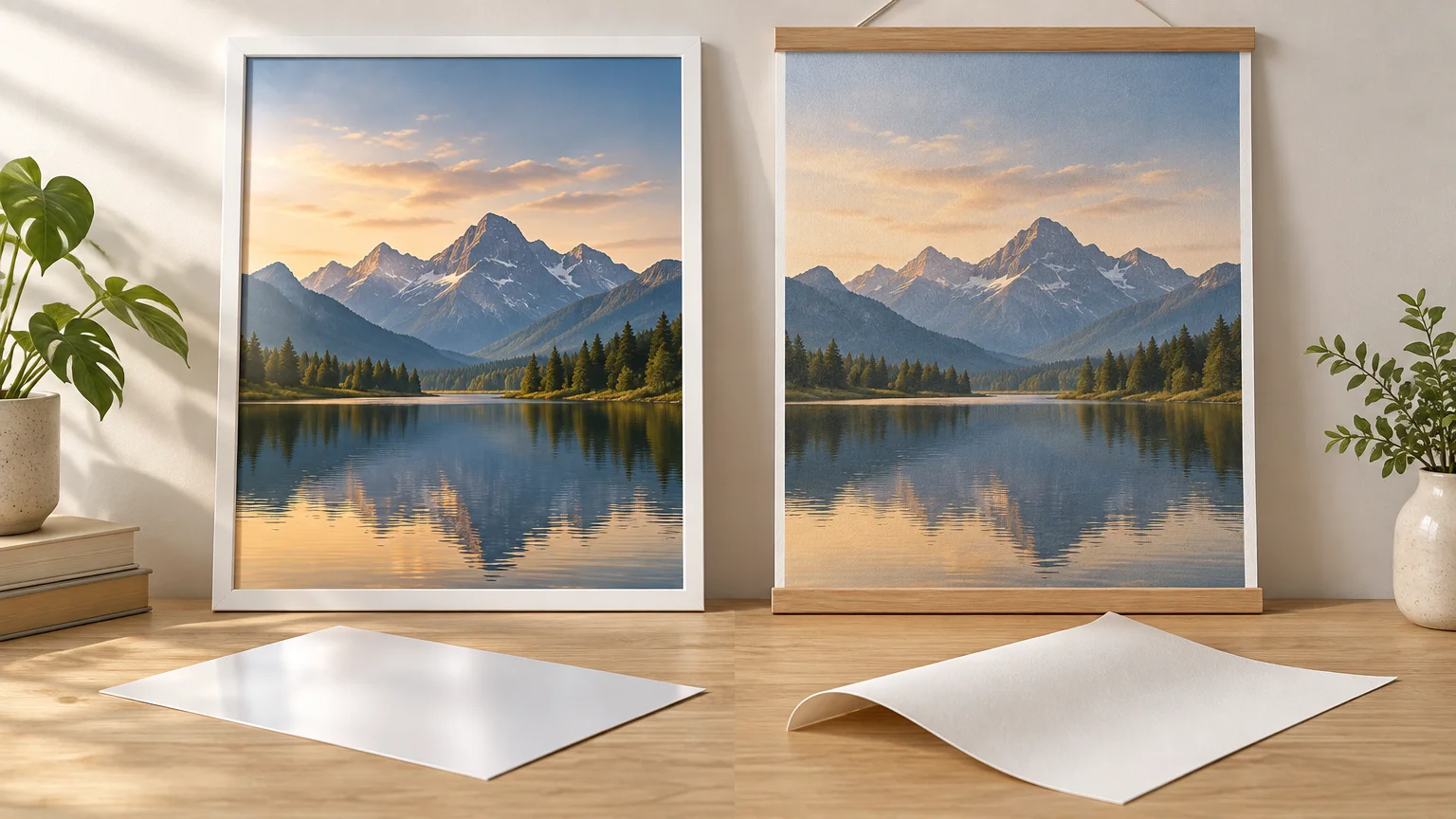 Side-by-side wall display of matching mountain lake prints: one in a white frame and one suspended in a light wood poster hanger, with a glossy flat sheet and a curled matte-looking sheet on the table below.