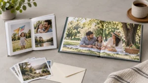 Two open, unbranded photo books on a tabletop, one compact book with a multi-photo layout and one larger landscape book showing a family picnic, with loose photo prints and an envelope nearby.