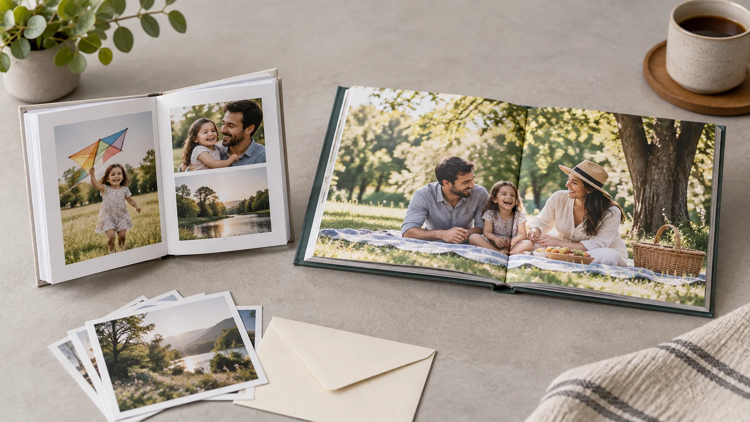 Two open, unbranded photo books on a tabletop, one compact book with a multi-photo layout and one larger landscape book showing a family picnic, with loose photo prints and an envelope nearby.