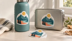 A teal insulated water bottle covered in droplets and a gray metal lunch tin display matching mountain-and-sun stickers, while a third matching sticker lies on the table with one corner curled upward.