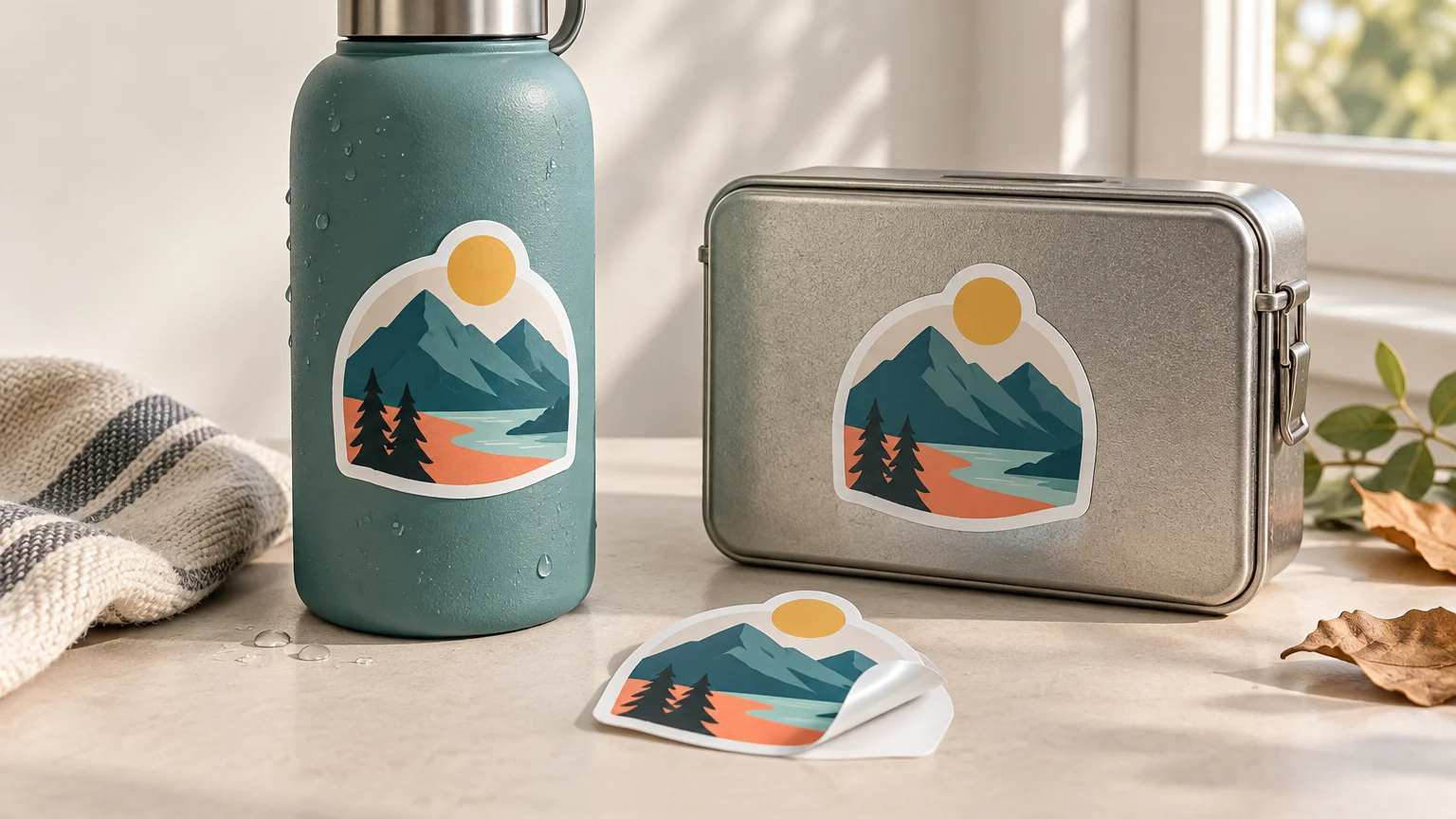 A teal insulated water bottle covered in droplets and a gray metal lunch tin display matching mountain-and-sun stickers, while a third matching sticker lies on the table with one corner curled upward.