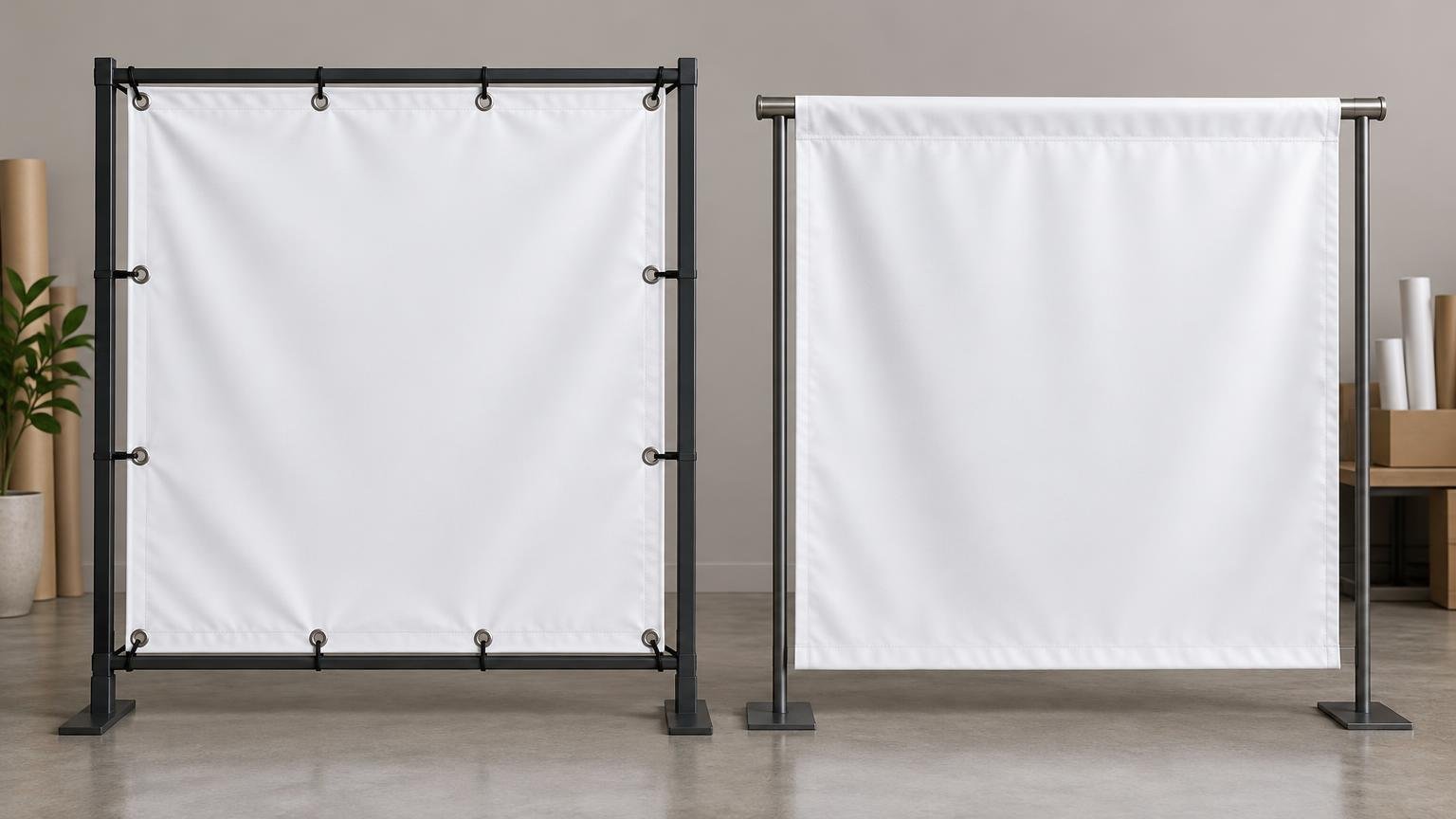 Two blank white fabric banners displayed side by side: a rectangular banner secured with evenly spaced metal grommets on a black frame, and a vertical banner hanging from a top pole sleeve on a silver stand.
