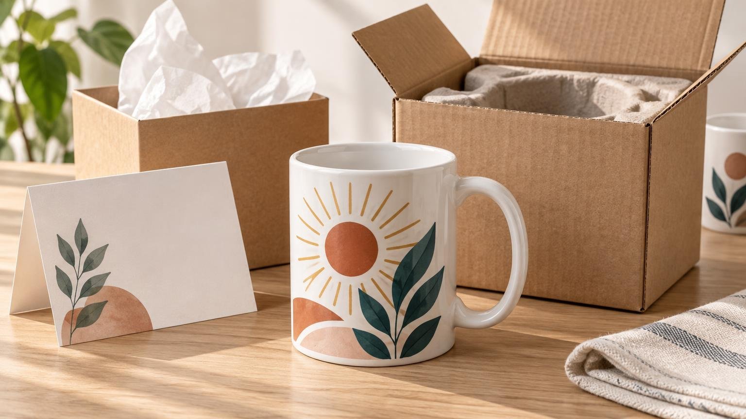 White custom mug with a simple sun-and-leaf illustration beside a blank folded card and open cardboard shipping boxes with tissue and molded protective packaging.