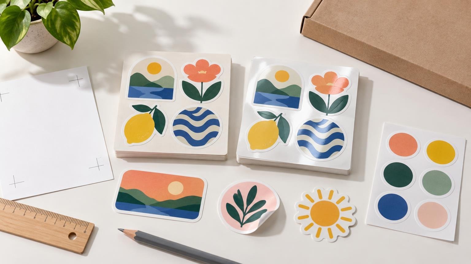 Overhead view of two unbranded sticker sheets with colorful landscape, flower, lemon, and wave designs, shown beside a ruler, a blank color-dot sheet, paper with crop marks, a pencil, and a cardboard mailer.