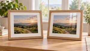 Two light wood frames on a sunlit table display the same landscape photo; the right print has a strong window reflection while the left image appears clear and matte.