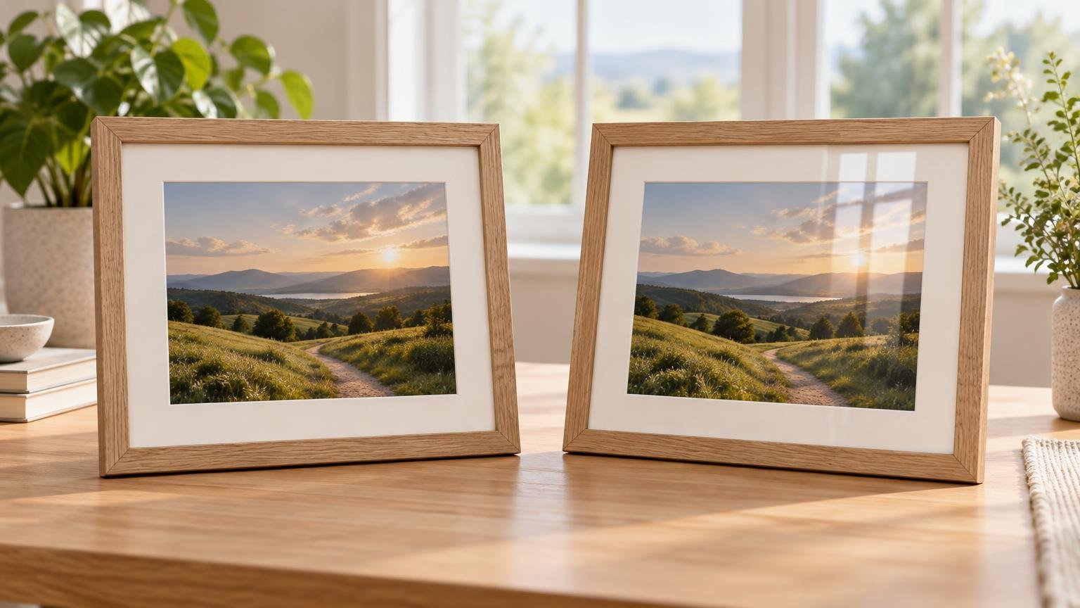 Two light wood frames on a sunlit table display the same landscape photo; the right print has a strong window reflection while the left image appears clear and matte.