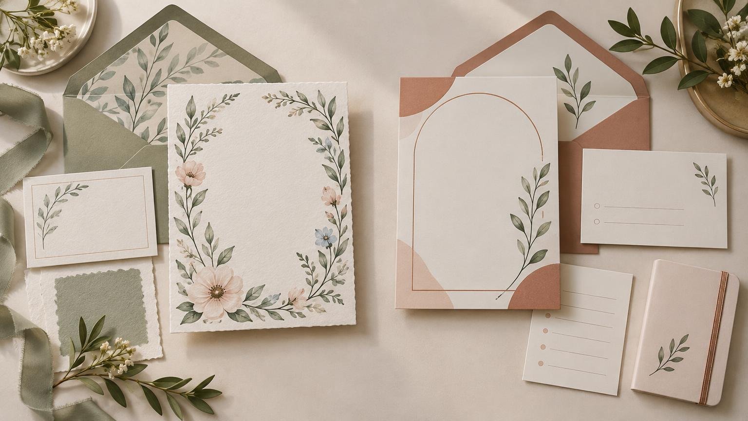 Overhead view of two coordinated unbranded wedding invitation suites in soft green and blush, with botanical illustrations, envelopes, RSVP-style cards, paper swatches, ribbon, and leafy sprigs.