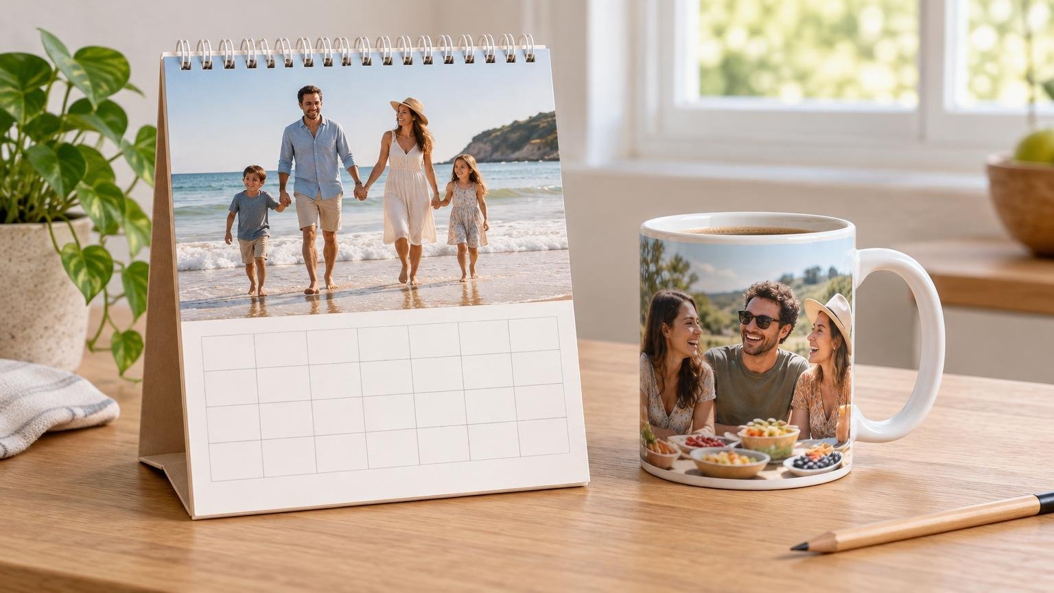 A spiral-bound desk photo calendar with a blank date grid sits beside a white photo mug filled with coffee on a sunlit wooden table.