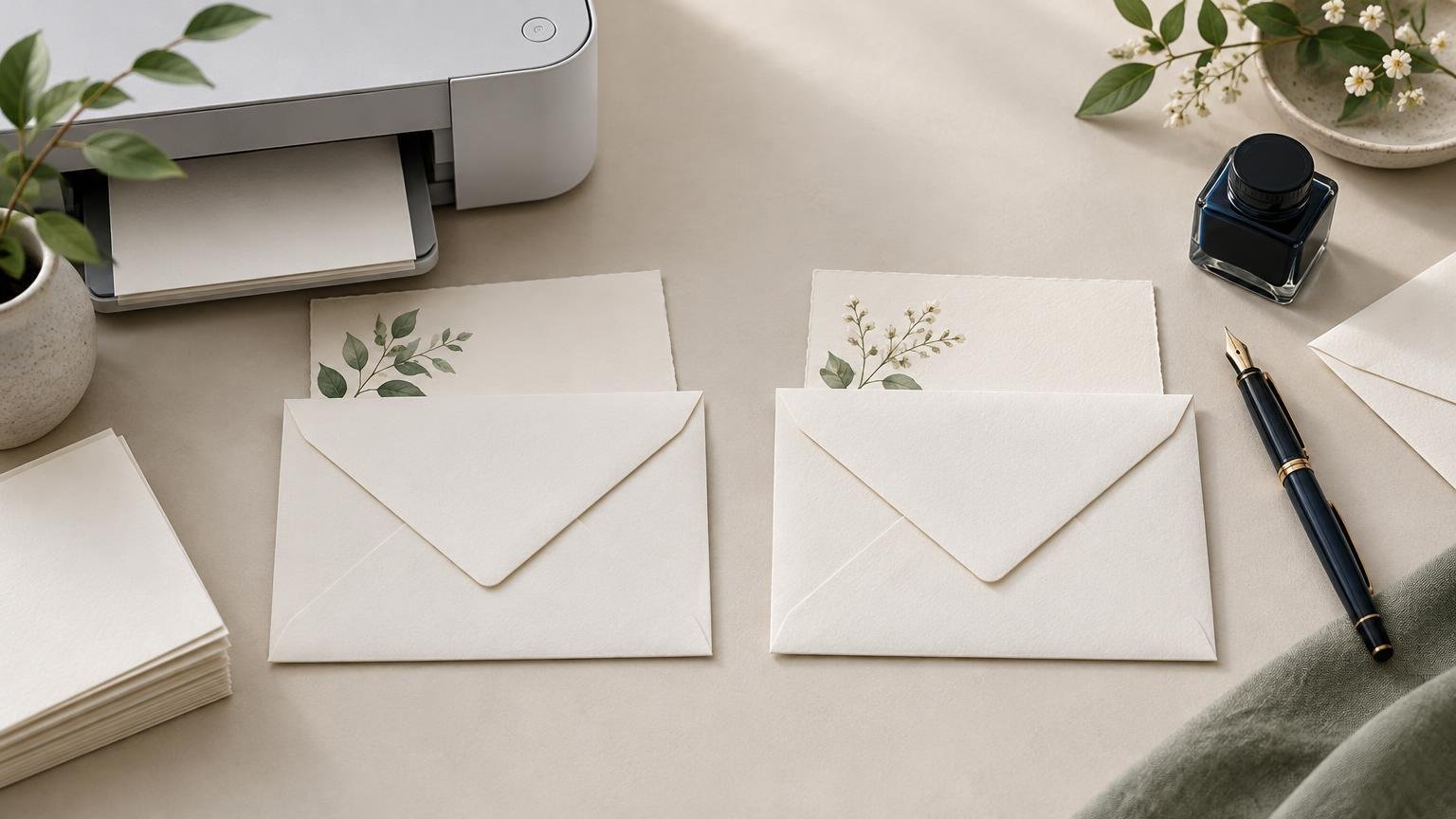 Overhead view of two cream envelopes with botanical invitation cards, beside a home printer, fountain pen, ink bottle, blank paper stack, and small white flowers on a beige desk.